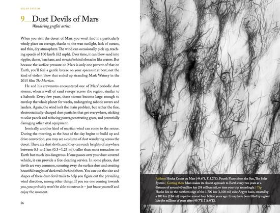 A screenshot of a chapter from my book about dust devils on Mars. On the right-hand side, there is a black and white image of the surface of Mars taken by the HiRISE camera on the NASA Mars Reconnaissance Orbiter, showing scribbled marks left by multiple dust devils. This is described in a page of text on the left-hand side. There is also a sidebar with ancillary information across the main image. 
