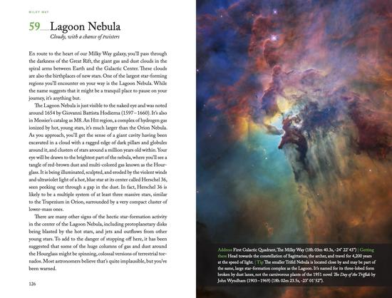 A screenshot of a chapter from my book about the Lagoon Nebula. On the right-hand side, there is a colourful image of the inner region of the nebula, taken with the Hubble Space Telescope, showing clouds of gas and dust swirling around the core of this star-forming region. This is described in a page of text on the left-hand side. There is also a sidebar with ancillary information across the main image. 