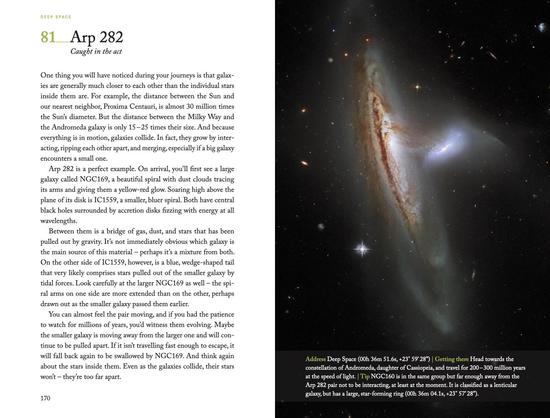 A screenshot of a chapter from my book about the interacting galaxy system Arp 282. On the right-hand side, there is colour image taken by the Hubble Space Telescope, showing a small bluish spiral galaxy interacting with a much larger, redder one. This is described in a page of text on the left-hand side. There is also a sidebar with ancillary information across the main image. 