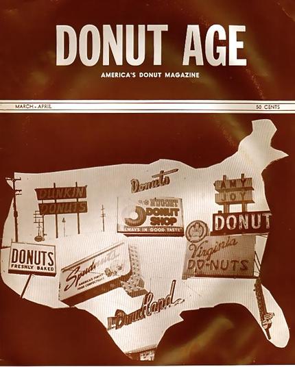 Front cover of Donut Age: America's Donut Magazine for March-April [1961]. The cover is predominantly brown with white sans serif lettering. It features an outline of the continental United States filled with a collage of various donut shop signs. The listed cost is 50 cents. 