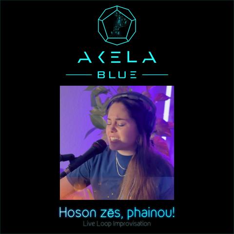 Song Cover Artwork consisting of 3 parts:
1:: On top: Akela Blue Logo.
2: Below that is a picture of Akela Blue in front of a microphone in dim violet light. A plant in the background.
3: Written at the bottom is the song title "Hoson zēs, phainou! Live Loop Improv"