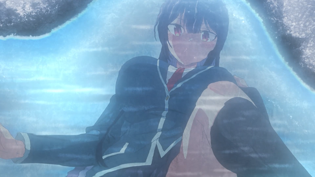 Takamine’s reflection in a puddle from the anime series Please Put Them On, Takamine-san Episode 10.