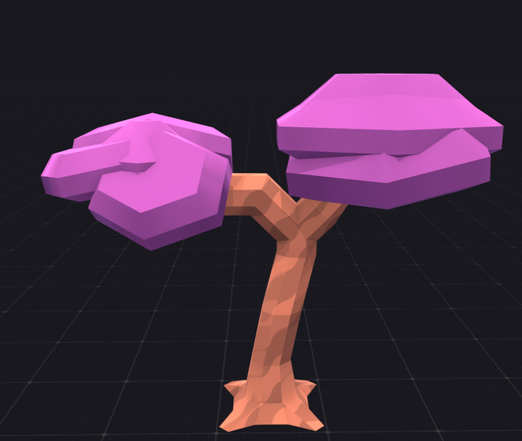 The image depicts a stylized, 3D-rendered tree with a simple, geometric design. The tree has a brown trunk with a textured appearance, resembling bark, and branches that split into two main sections. The branches are adorned with large, flat, purple leaves that have a polygonal, faceted look, giving the tree a blocky, abstract appearance. The background is a dark grid, which contrasts with the tree's colors and highlights its form. The overall aesthetic is reminiscent of a low-poly model, often used in video games or digital art.