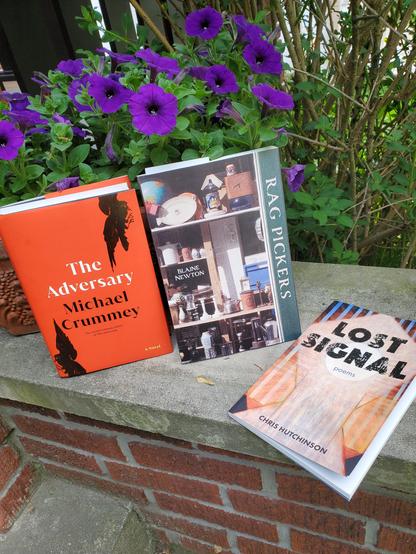 Books The Adversary by Michael Crummey (Knopf Canada), Lost Signal by Chris Hutchinson (Palimpsest Press) and Rag Pickers by Blaine Newton (University of Calgary Press) are arranged near a clay pot filled with purple petunias