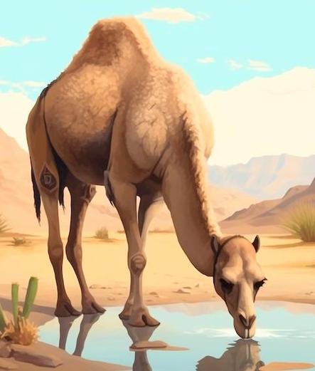 Painting of a camel drinking water 