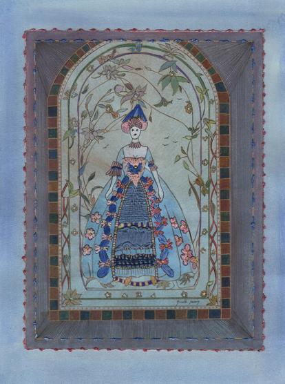 "Regina"
Technique mixte. Papier Canson contrecollé sur Velin d'Arches. Aquarelle rehaussée d'encre de chine, de strass, de broderie en fil d'écosse et  fil à broder DMC. 
Format : 40 cm x 30 cm.

#broderie #Regina #Papier Canson #VelinArches #aquarelle #encre #encredechine #strass #fildécosse #filabroder #princesse  #art #peinture #artiste #artistepeintre #poésie