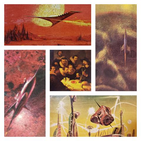 A collage of science fiction artwork from the covers of five vintage paperbacks.
Four images of spaceships surround an image of surgeons, dressed as if in the Renaissance, performing an autopsy on a robot. The unrelated spaceships are as follows, clockwise from top left: a large flat delta-winged craft speeds above a barren, rocky landscape; next, a sleek rocket with tail-fins launches in front of an enormous face; then, another sleek rocket with additional structures on the side maneuvers near a nebula; finally, in the midst of a battle, an asymmetrical pod craft navigates through bulbous towers and energy beams toward a group of people on the ground.