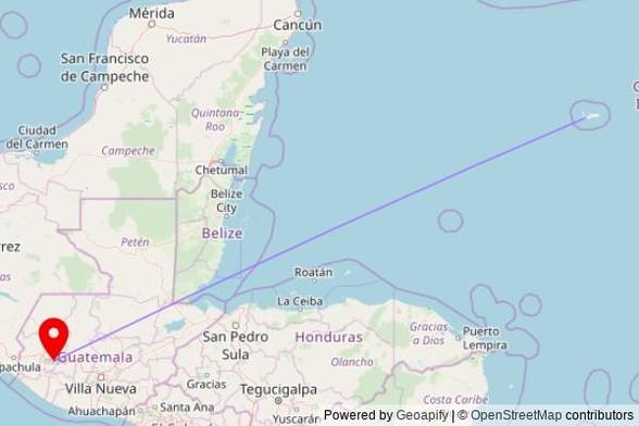 A map showing the great circle route from George Town in the Cayman Islands to a map pin at Iglesia Presbiteriana Emanuel, 9a Avenida, 09001-Municipio de Quetzaltenango, Guatemala