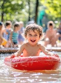 Children enjoying the water and one little one on a small red raft 