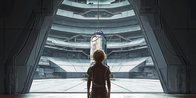 Blonde-haired teen looks up at world's first space elevator.