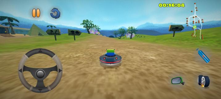 A screenshot of SuperTuxKart running on Android. The current racer is the F-Droid logo in a flying saucer. Beep beep, I'm a motorist