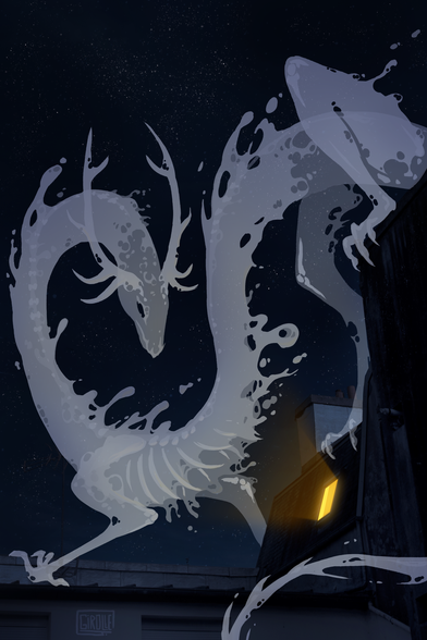 Dragon fantomatique regardant un velux dans la nuit.