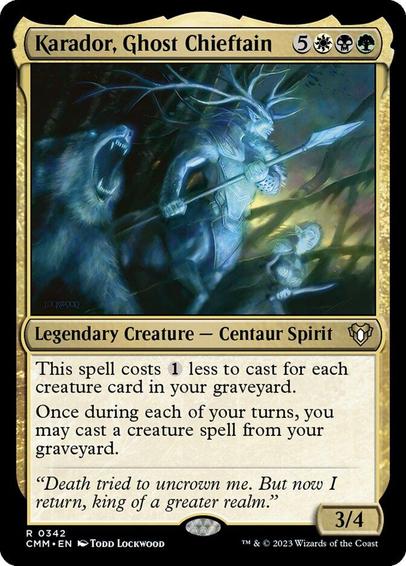 Card Name: Karador, Ghost Chieftain
Set: Commander Masters
Description: This spell costs {1} less to cast for each creature card in your graveyard.
Once during each of your turns, you may cast a creature spell from your graveyard.
Artist: Todd Lockwood