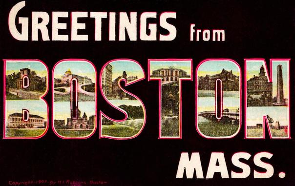 Classic Letter Postcard with the letters of Boston hollowed out and images of famous Boston landmarks inserted. You see Trinity Church, The Boston Public Library, the Bunker Hill Memorial and more. 