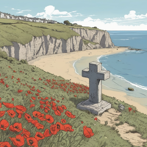 Model: Juggernaut XL
(1940s illustration, comic book, vector, 4k, hyper-detail), Normandy Beach in summer,a cross tombstone in view on a cliff, full of poppy flowers