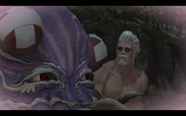 A medium shot depicts an elderly man with gray hair, a long white beard, and round, red-tinted glasses, standing beside a large, purple, dragon-like creature with red eyes. The creature has growths resembling white soccer balls with red markings on its head. The man is shirtless, showing some of his torso from the side. The background suggests a forest with tree branches and dappled light.