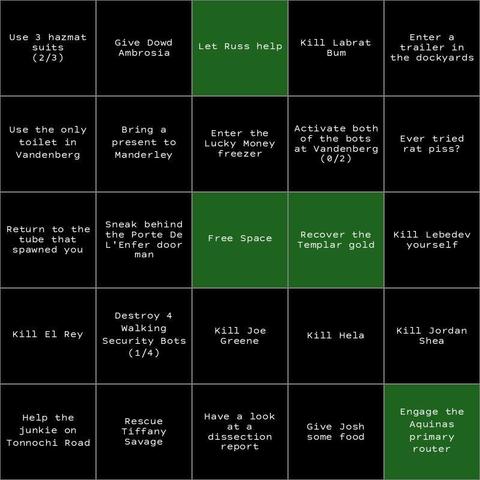 A bingo board with no finished lines...