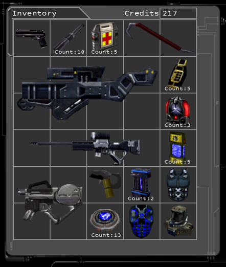 An inventory screen containing:
Guided Explosive Projectile (GEP) Gun
Thermoptic Camo
Assault Rifle
Hazmat Suit
Pepper Gun
Ballistic Armor
Scramble Grenade (Count: 5)
Bioelectric Cell (Count: 13)
Lightweight Attack Munitions (LAM) (Count: 3)
Sniper Rifle
Electromagnetic Pulse (EMP) Grenade (Count: 2)
Multitool (Count: 5)
Medkit (Count: 5)
Crowbar
Lockpick (Count: 10)
Pistol
