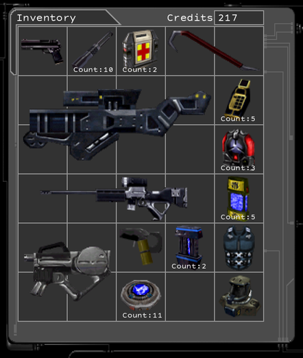 An inventory screen containing:
Guided Explosive Projectile (GEP) Gun
Assault Rifle
Hazmat Suit
Pepper Gun
Ballistic Armor
Scramble Grenade (Count: 5)
Bioelectric Cell (Count: 11)
Lightweight Attack Munitions (LAM) (Count: 3)
Sniper Rifle
Electromagnetic Pulse (EMP) Grenade (Count: 2)
Multitool (Count: 5)
Medkit (Count: 2)
Crowbar
Lockpick (Count: 10)
Pistol
