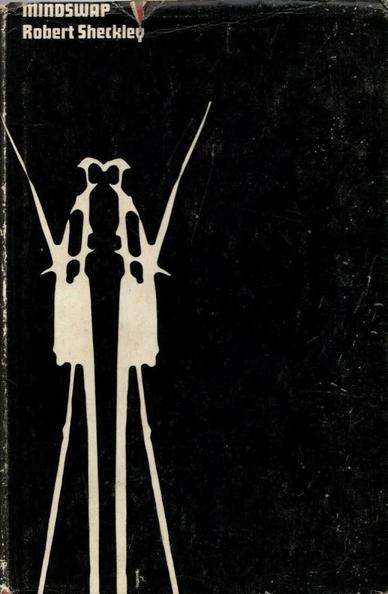 alt text https://teachonline.asu.edu/image-accessibility-generator/
Long Description:

The image shows the cover of a book titled "Mindswap" by Robert Sheckley. The background is predominantly black with a symmetrical white abstract design in the center, resembling a stylized, mirrored figure or pattern. The design features long, pointed extensions reaching the top and bottom of the cover. The title "MIND SWAP" and the author's name "Robert Sheckley" are printed in white text at the top left corner of the cover. The cover has an overall aged and worn appearance, with visible scratches and a small tear near the top edge.

Alt-text:

Book cover of "Mindswap" by Robert Sheckley with a black background and a symmetrical white abstract design.