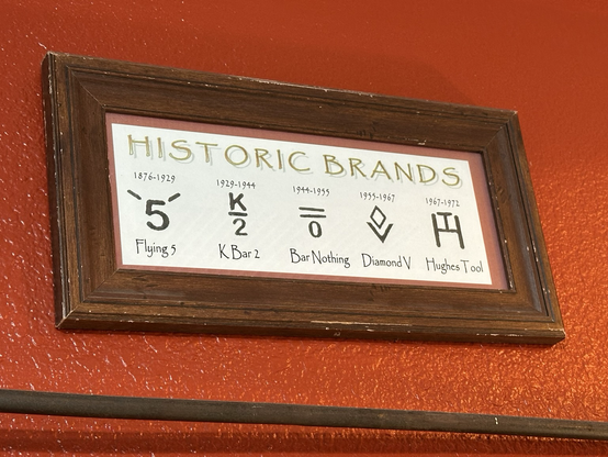 A framed image with ranch brands spanning close to 100 years of ranch history 