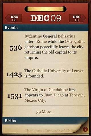 UI screenshot of "On this day… for iPhone" app from 2011