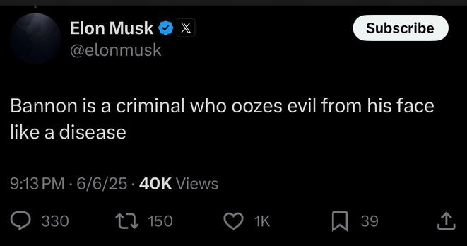 Bannon is a criminal who oozes evil from his face like a disease. - Elon musk 
