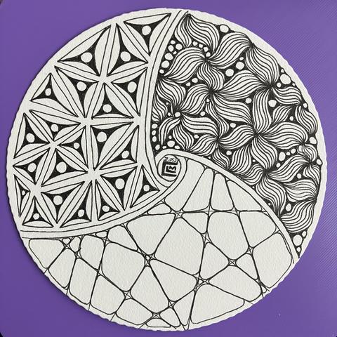 Tile with black ink patterns finished, waiting for shading
