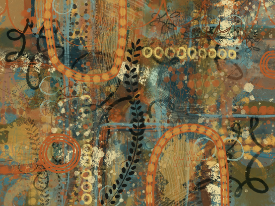This is a vibrant abstract painting filled with overlapping shapes, lines, and textures. Warm colors like orange and ochre mix with cool tones like teal and dark blue. Large orange loops, dotted lines, and leaf-like patterns create movement across the canvas. The background is textured with splatters, smudges, and scribbles in many colors, giving the piece an energetic and layered feel.