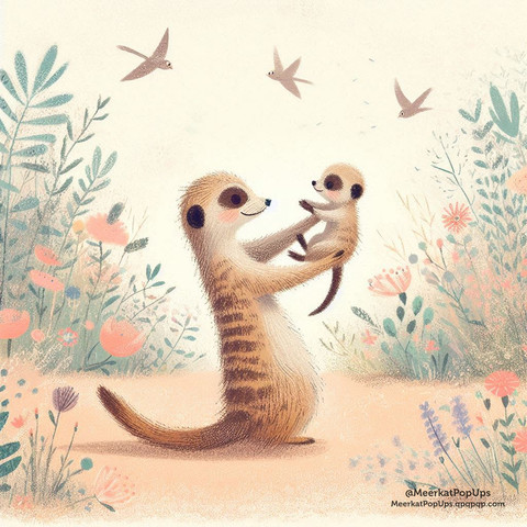これはAI生成画像です。画像は、優しい色合いとタッチで描かれたイラストで、母ミーアキャットが赤ちゃんミーアキャットを抱き上げ、見つめ合っている温かい様子が描かれています。周りには可愛らしい花々や植物が咲き、空には3羽の鳥が飛んでいます。全体的に穏やかで愛情に満ちた雰囲気が感じられます。

This is an AI-generated image. The image is a gently colored and textured illustration depicting a tender moment between a mother meerkat holding up a baby meerkat, as they look at each other. Cute flowers and plants bloom around them, and three birds are flying in the sky. The overall atmosphere is peaceful and full of affection.