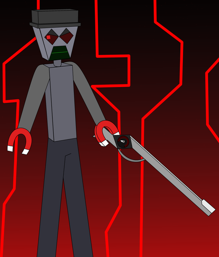 Drawing of Titanium, a metal robot with magnets for hands as he holds an advanced railgun with his left hand. The background shows a red gradient and has a few red lines stretching vertically from top to bottom of the drawing.