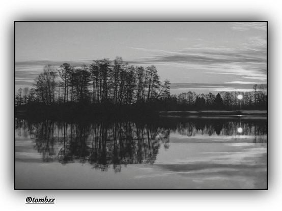 A black-and-white photograph depicts a tranquil lake whose water surface reflects the surrounding trees and clouds in the sky. The shoreline is clearly visible, with dense trees growing along the edge, creating a picturesque, symmetrical composition thanks to their reflection in the water. The contrast between the dark trunks and branches and the lighter sky and clouds accentuates the stark atmosphere of the photograph. The clouds mirrored in the lake add depth and mystery, creating the impression that the sky stretches both above and below the water's surface.