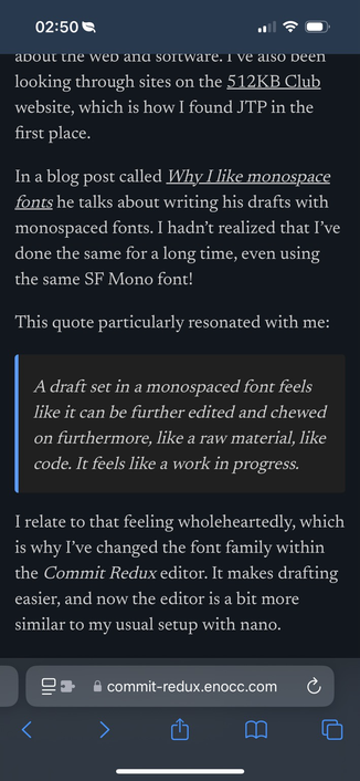 Screenshot describing mono space font usage for drafts 