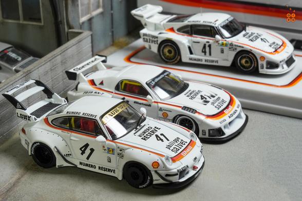 Three cars in Numero Réservé livery in 1:64 scale on AREA 164