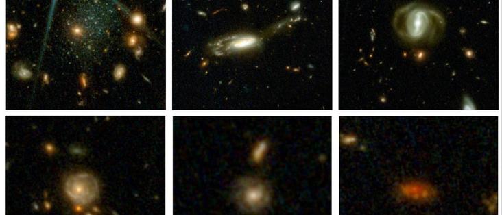 Nueve galaxias tomadas de entre más de 700.000 que abarcan todo el tiempo cósmico, de arriba a la izquierda a abajo a la derecha: el universo actual, hace 3, 4, 8, 9, 10, 11, 12 y 13.000 millones de años. Crédito: COSMOS-Web