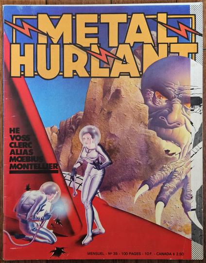 A cover of the Métal Hurlant magazine. Cover art features a colorful science fiction fantasy scene where two astronauts are busy fixing the damaged hull of a spacecraft, under the ominous gaze of a giant monster. 