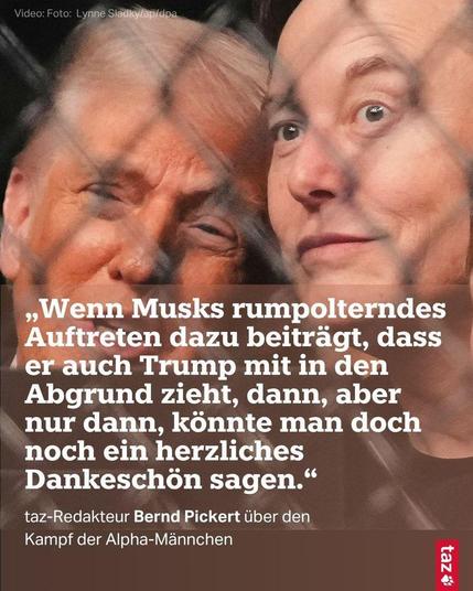 Donald Trump und Elon Musk (mit Sohn) schauen einem Cage Fight zu. Text: „Wenn Musks rumpolterndes Auftreten dazu beiträgt, dass er auch Trump mit in den Abgrund zieht, dann, aber nur dann, könnte man doch noch ein herzliches Dankeschön sagen.“ taz-Redakteur Bernd Pickert über den 
Kampf der Alpha-Männchen