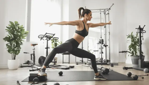 A fit woman doing a full-body workout at home with toned muscles, bright natural light, and minimalist fitness equipment in the background.
