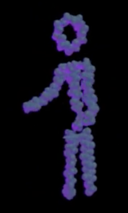 A person-like object made with atoms and molecules, dancing to a disco tune