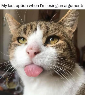 "My last option when I'm losing an argument:"
(Picture of a cat sticking its tongue out).