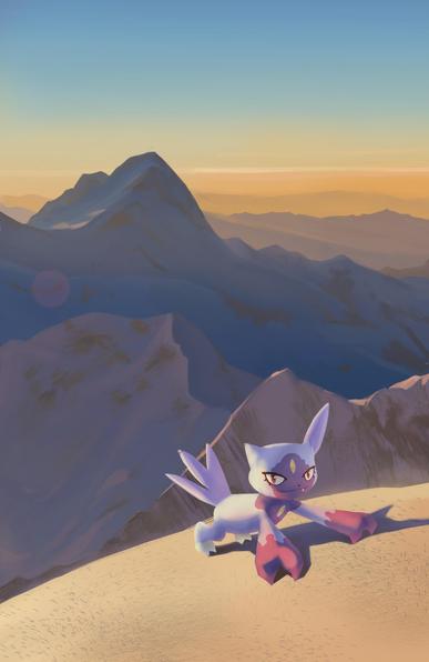 sneasel climbs to the top of a snowy mountain, behind are snowy mountains and the sunset sky