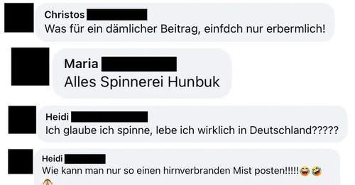 [| Christos IE
Was für ein dämlicher Beitrag, einfach nur erbermlich!

Maria INS
Alles Spinnerei Hunbuk

Heidi: IN
Ich glaube ich spinne, lebe ich wirklich in Deutschland?????

Heidi
Wie kann man nur so einen hirnverbranden Mist posten!!i!! g
wh
