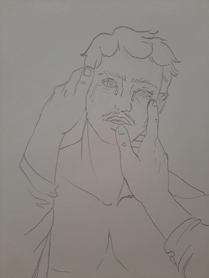 Pencil tracing of a shirtless man with short hair, a mustache, and tears running down his face. Two hands are caressing his face
