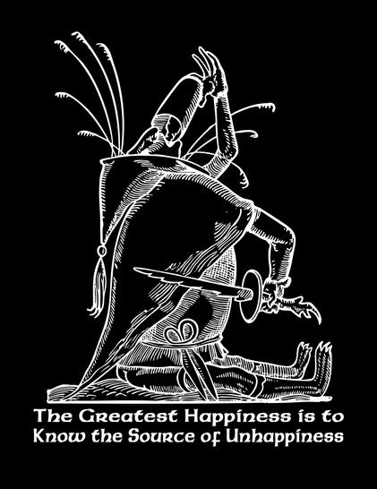 White ink on black background of figure seated on the ground in medieval garb, drunk, with an impotent sword in hand.