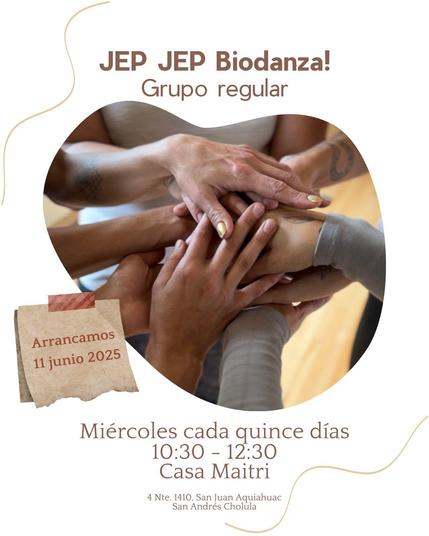 Cartel de invitación a grupo nuevo de Biodanza en Cholula, Puelba, México.

Manos entrelazadas al centro, en gestos de cariño y cuidado mutuo.

Colores claros y neturos

Información: "Míercoles cada quince días, de 10:30 a 12:30, Casa Maitri. Arrancamos 11 de junio de 2025".
