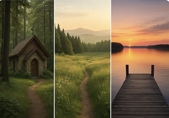 A tri-famed image with a small chapel in the woods, a meadow. and a pier at sunset.
