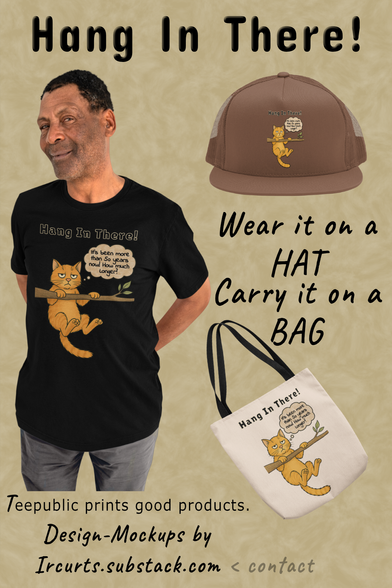 An exhausted cartoon cat hangs from a branch under the words “Hang In There!” with a speech bubble saying “It’s been more than 50 years now. How much longer?”