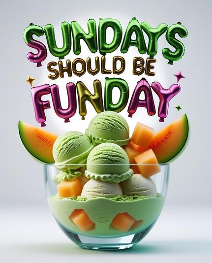 ②« Generated by LeonardoDiffusion »
The matcha dessert (called "Fundy Sunday") is served in a cool glass bowl filled with matcha and vanilla ice cream and diced melon. The words "Sundays should be funday" are written in a glittering, balloon-like font against a white background.
