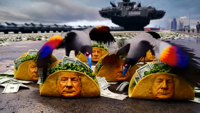I LOVE A PARADE video-still showing Trump Tacos, multi colored buzzards and military hardware.