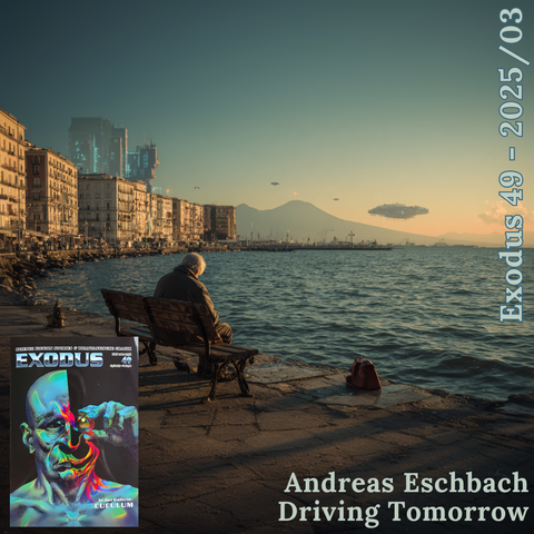 Bild im Hintergrund:
Midjourney Prompt: An elderly man sitting alone on a weathered wooden bench, head bowed forward resting on his chest in contemplation, overlooking the Bay of Naples coastline. The scene blends classical Italian coastal beauty with futuristic elements: sleek glass towers with holographic displays rising behind traditional architecture, floating drone delivery systems in the sky, and subtle high-tech artifacts scattered along the waterfront promenade. Golden hour lighting casts long shadows, creating a melancholic and atmospheric mood. The Mediterranean sea stretches to the horizon with Mount Vesuvius faintly visible in the distance. Cyberpunk meets Italian coastal town aesthetic, cinematic composition, dramatic lighting, photorealistic style, shallow depth of field focusing on the solitary figure, muted color palette with warm golden tones and cool blue accents --raw --v 7

Text rechts oben: Exodus 49 - 2025/03 

Text rechts unten: Andreas Eschbach. Driving Tomorrow

Bild links unten: Das Cover Ausgabe 49 des Exodus-Magazins. Das Coverbild "Spektrallinien" wurde von Cuculum entworfen.